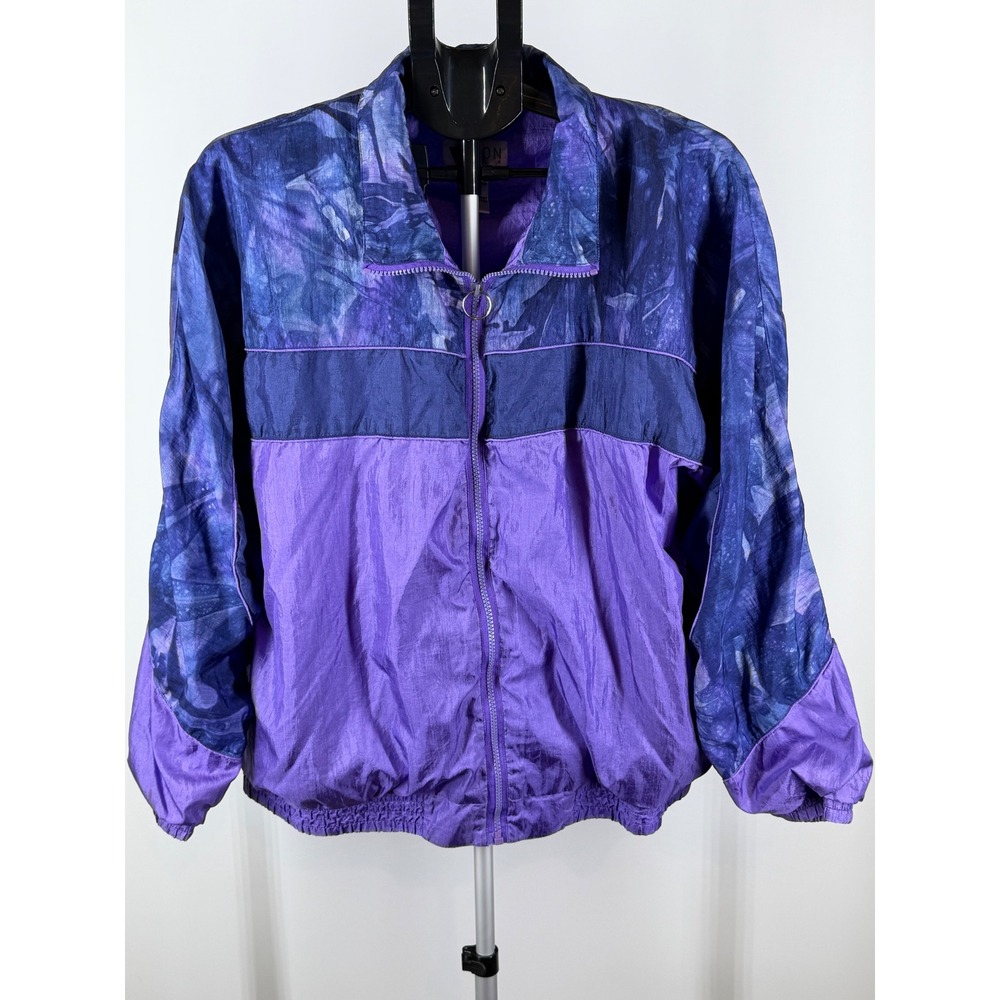 Vintage Lavon Purple Blue Colorblock Floral Windbreaker Jacket XL Retro Full Zip